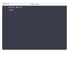 TeX language Hello World program sample in editor window