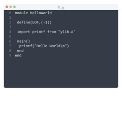 Y language Hello World program sample in editor window