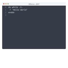 XBase language Hello World program sample in editor window