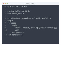 VHDL language Hello World program sample in editor window