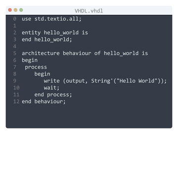 VHDL language Hello World program sample in editor window