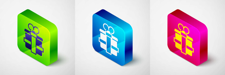 Isometric Gift box icon isolated on grey background. Square button. Vector