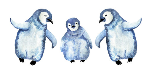 Watercolor set three hand drawn cute and funny baby penguins isolated on white. Cartoon animals set.