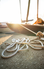 Wooden sailboat in the pier at lake Balaton, Hungary