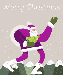 Christmas card Santa Claus goes with a bag with gifts through the mountains inscription Merry Christmas.