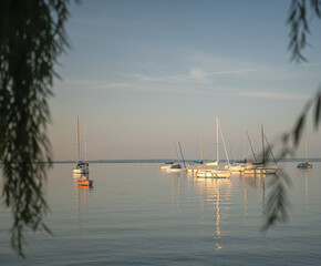 Sailboats in the port at lake Balaton, Hungary in summer