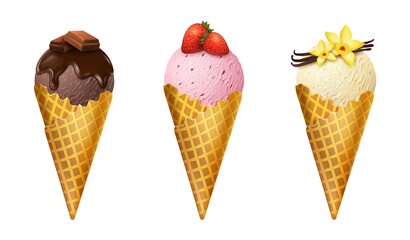 Realistic Detailed 3d Waffle Cone with Scoops of Ice Cream Set. Vector illustration of Icecream Vanilla, Chocolate and Strawberry Flavors