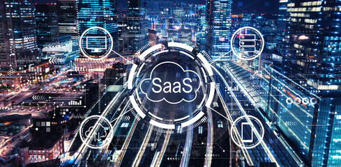 SaaS - software as a service concept with aerial view of a large train station