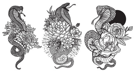 Tattoo art snak cobra and flower drawing and sketch black and white