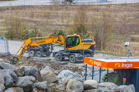 Close up view of construction imploding works on rocky terrain. Enkoping. Sweden. 