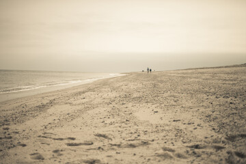 Distant view of two people strolling on beach, Truro, Massachusetts, Cape Cod, USA