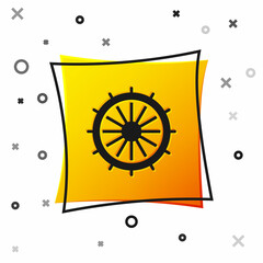 Black Ship steering wheel icon isolated on white background. Yellow square button. Vector