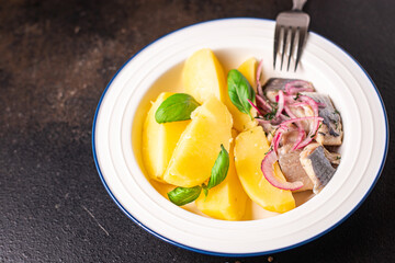 herring and potatoes second course marinated fish onion fresh ready to eat meal snack on the table copy space food background rustic