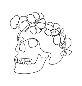 Human skull with a wreath of orchids one line set art. Continuous line drawing of internal organ and flowers.