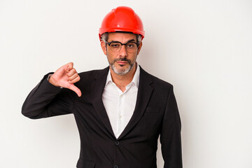 Middle age architect caucasian man isolated on white background  showing a dislike gesture, thumbs down. Disagreement concept.