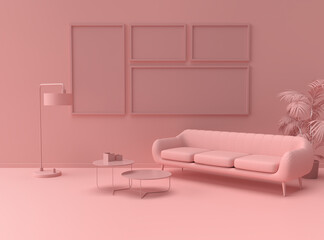 Interior living room or room in plain monochrome light pink or peach color with sofa and coffee table, picture frames, and standing lamp. for web page design and social media or magazine