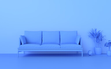 3D rendering pastel blue monochrome space or flat with sofa and plants or living room