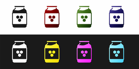 Set Jar of honey icon isolated on black and white background. Food bank. Sweet natural food symbol. Vector