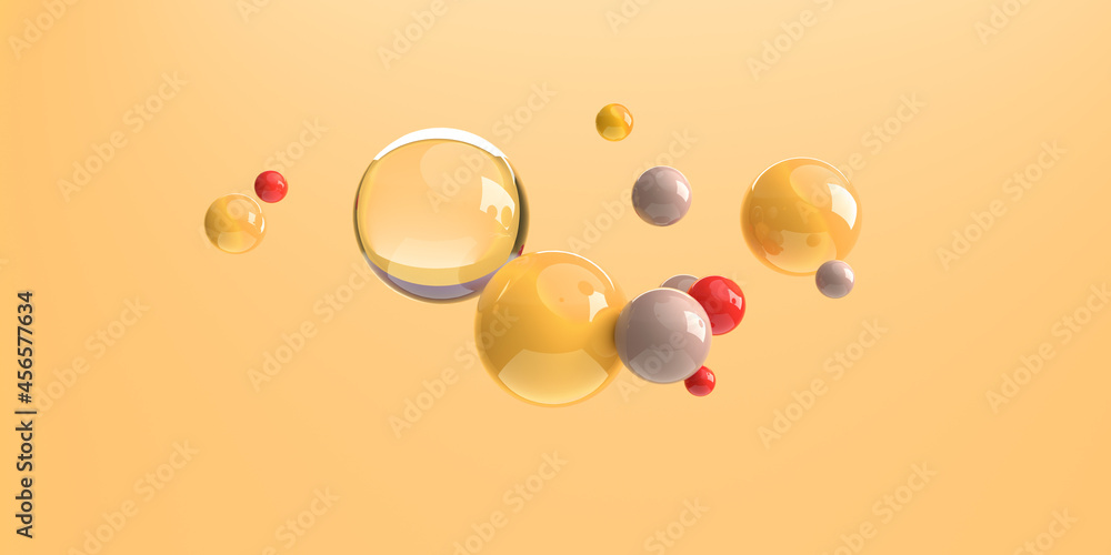 Poster 3d render design of floating different size of spheres