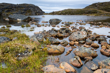 Fototapeta na wymiar Nunavut landscape - rocks next to a small lake with mountains at the background