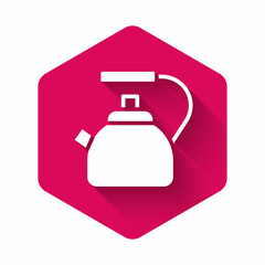 White Kettle with handle icon isolated with long shadow background. Teapot icon. Pink hexagon button. Vector