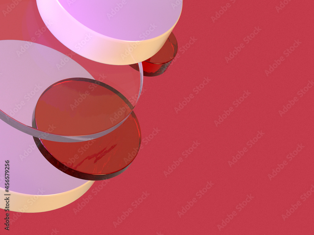 Poster 3d rendered round shapes in semi- transparent material on a red background. illustration of abstract