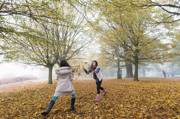 Two young girls playing, throwing leaves, in forest, autumn