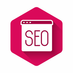 White SEO optimization icon isolated with long shadow background. Pink hexagon button. Vector