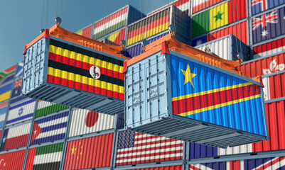Fototapeta premium Freight containers with Democratic Republic of the Congo and Uganda national flags. 3D Rendering 