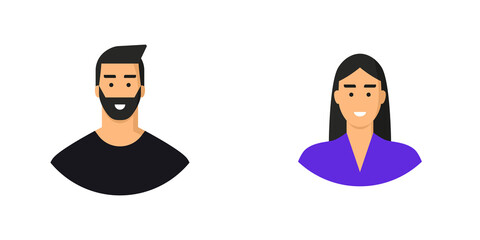 Avatar de usuario. Persona, hombre y mujer. Perfil de usuario, rostro, cara. Masculino y femenino. Ilustración vectorial, estilo animado