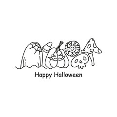 doodle Halloween poster with lettering and outline elements, grave with spiderweb, skull, irritated eye, mushroom, jack o lantern, candy corn. isolated on white background