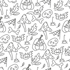 Fototapeta premium seamless pattern with doodle Halloween icons including mushroom. bat, bone, leaf, skull, jack o lantern, spiderweb, spider