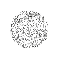 Doodle outline Halloween icons including pumpkin, caramel apple, spiderweb, poison, leaves, candy corn, bone, skull, eye composed in circle shape, isolated vector illustration on white background