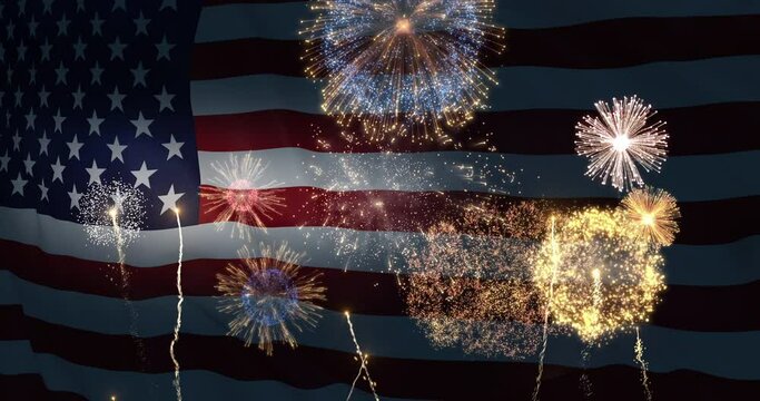 American flag waving with fireworks celebrating 4th of July or New Year. Independence, Memorial, Celebration, Fireworks concept. Seamless looping 4k