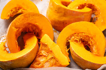 pumpkin slice baking fresh healthy food vegetable portion meal snack on the table copy space food background rustic top view keto or paleo diet veggie vegan or vegetarian