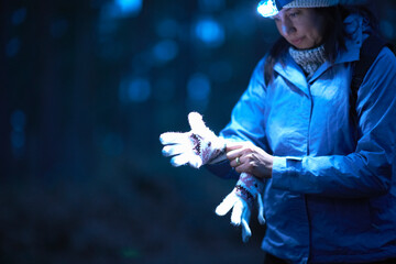 Female hiker wearing head torch putting on gloves in forest at night © Image Source Limited