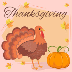 Thanksgiving day card. Image of a turkey and a pumpkin on a light background. Vector illustration