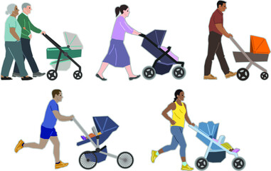 People walking and running with strollers