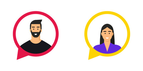 Avatar de usuario, dentro de un globo. Persona, hombre y mujer. Perfil de usuario, rostro, cara. Masculino y femenino. Notificación de mensaje, chat. Ilustración vectorial, estilo animado