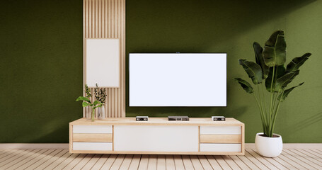 Cabinet wooden display design on Green room japanese minimalist living roon unterior, 3D rendering
