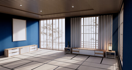 blue color room design interior with door paper and cabinet shelf wall on tatami mat floor room japanese style. 3D rendering
