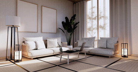 Cabinet in Living room with tatami mat floor and sofa armchair design.3D rendering