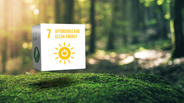 Sustainable Development 7 Affordable And Clean Energy in Moss Forrest Background 17 Global Goals Concept Cube Design