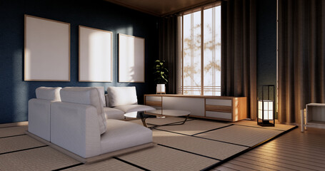 blue color room design interior with door paper and cabinet shelf wall on tatami mat floor room japanese style. 3D rendering