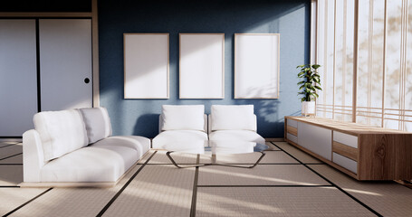 Naklejka na ściany i meble blue color room design interior with door paper and cabinet shelf wall on tatami mat floor room japanese style. 3D rendering