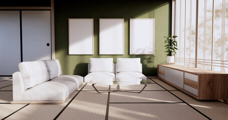 blue color room design interior with door paper and cabinet shelf wall on tatami mat floor room japanese style. 3D rendering