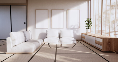 Cabinet in Living room with tatami mat floor and sofa armchair design.3D rendering