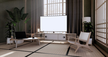 The vintage cabinet design, Green Living room with armchair japanese style.3D rendering