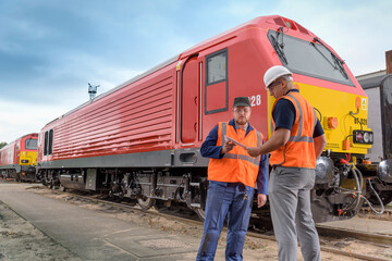 Locomotive engineers in discussion beside locomotive in train works