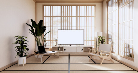 Cabinet in Living room with tatami mat floor and sofa armchair design.3D rendering